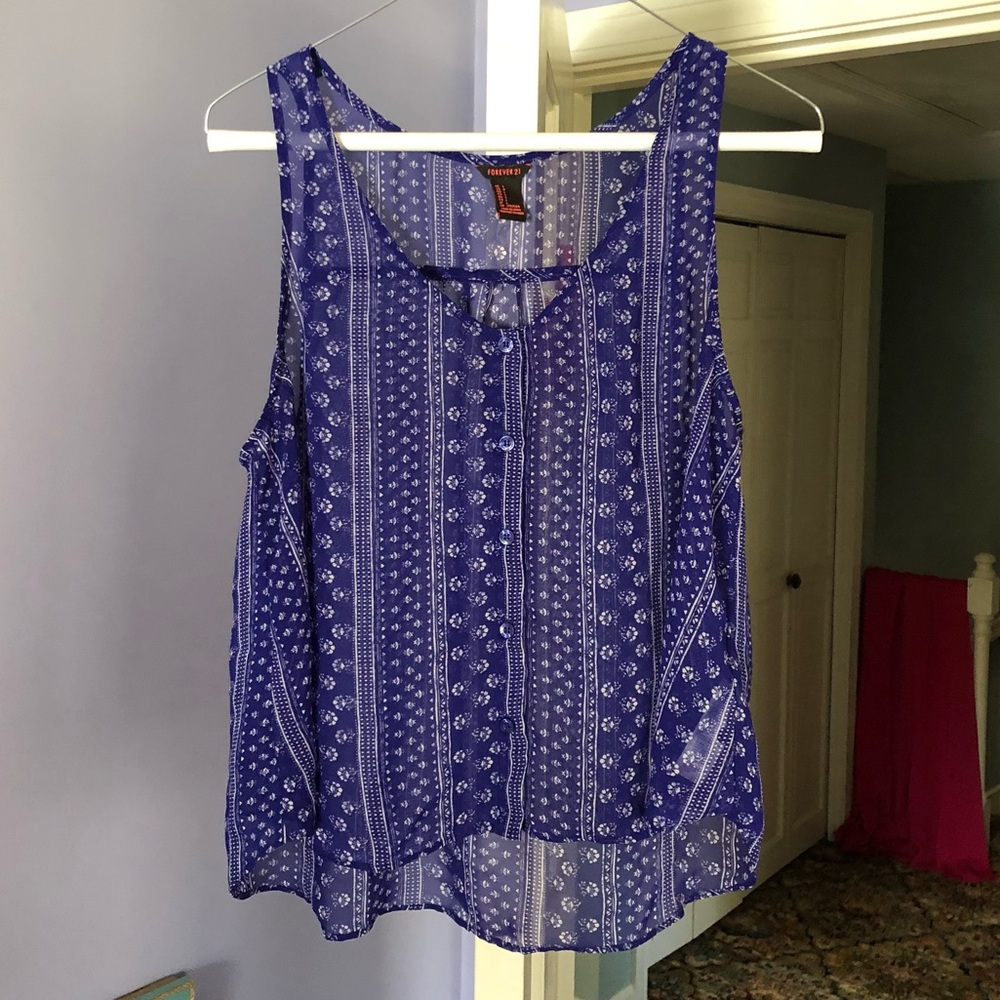 Button Front Blue & White Tank